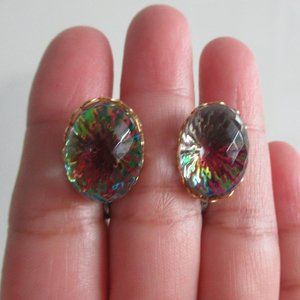 Vintage Faceted Watermelon Crystal Oval Stud Earrings Gold tone 0.75" x 0.50"
